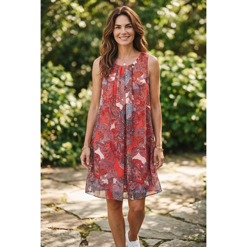 Coral Paisley Sleeveless Shift Dress Petite 14P Pleated Neck Career Office - Picture 2 of 7